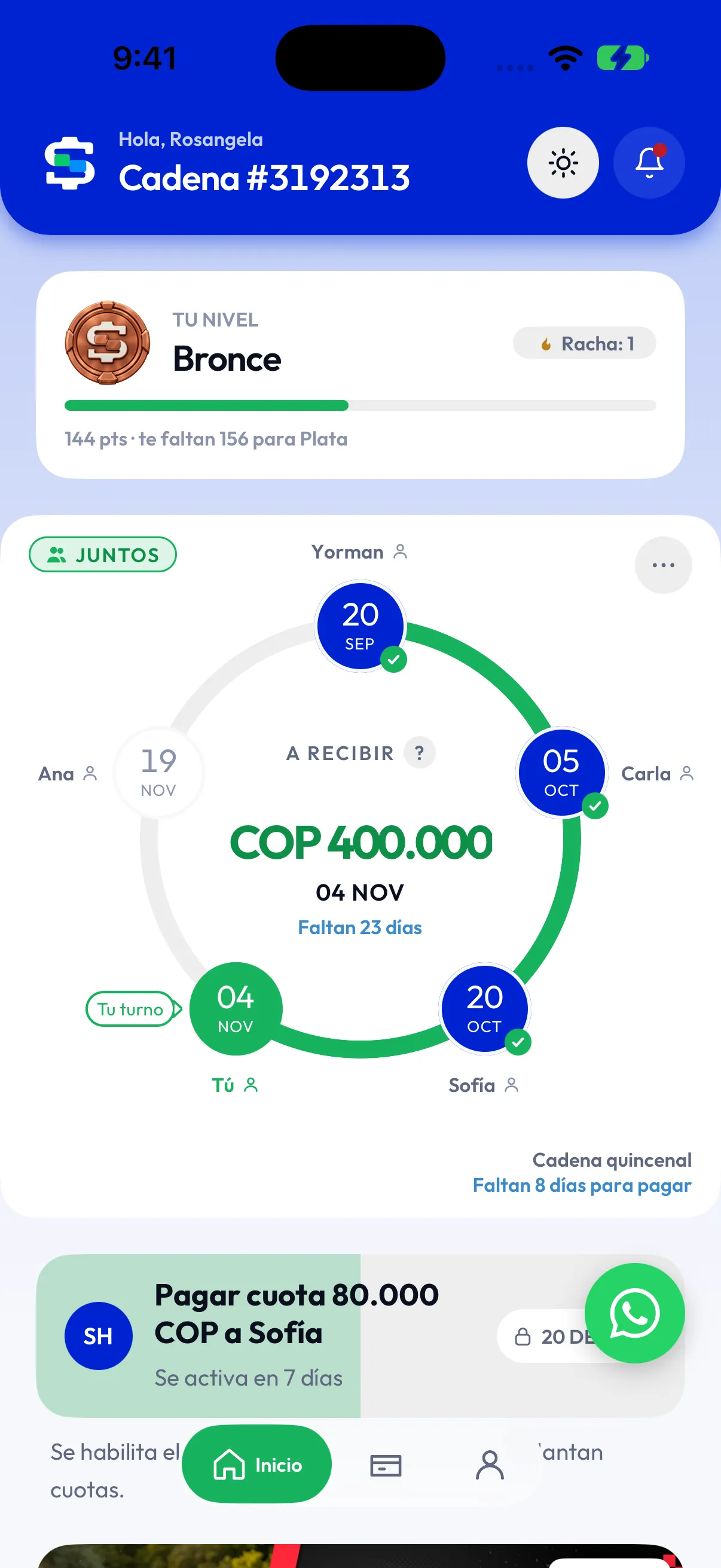 Captura real de TuTurno Colombia: tu cadena, participantes, fecha del turno y cuota en pesos.